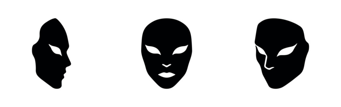 Alien Extraterrestrial Face Mask Silhouette Icons, Mysterious Sci-Fi Humanoid Head Vector, Futuristic Unknown Entity Illustrations