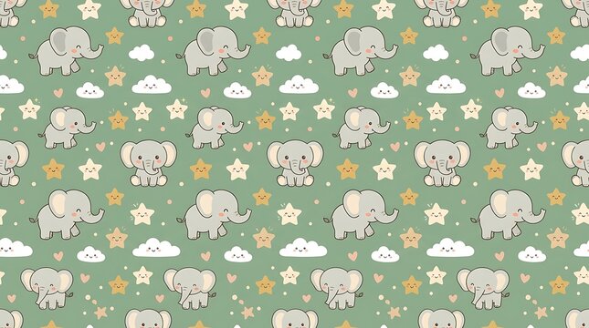 Cute baby elephant seamless pattern with stars and clouds