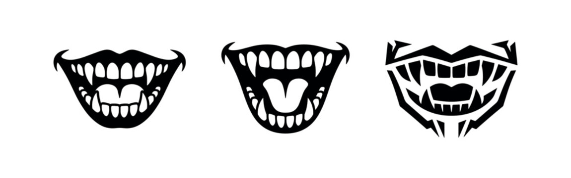 Monster Mouth and Sharp Fangs Icon Set - Horror and Fantasy Creature Elements