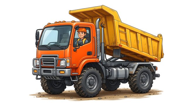 Cartoon dump truck with driver on white background
