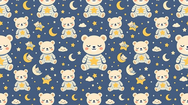 Cute sleeping teddy bear seamless pattern with stars and moons