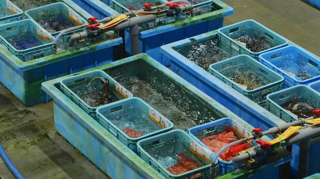 Live Fish Tanks at a Seafood Wholesale Market in a Japanese Fishing Port