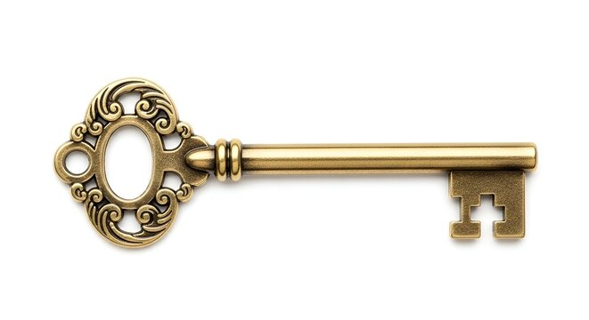 Antique golden key on white background vintage ornate design old fashioned lock opener.