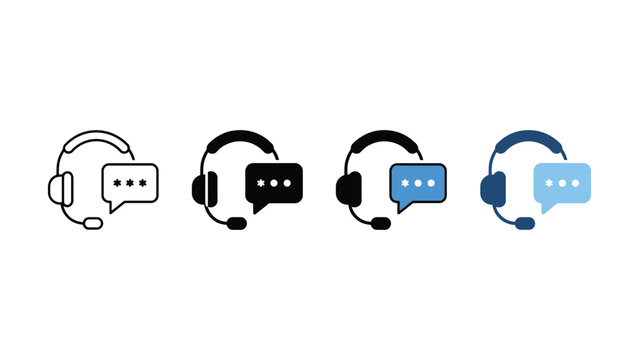 Four customer service icons with headsets and chat bubbles on white background