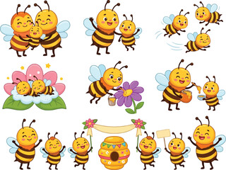 Fototapeta premium Cute cartoon bee characters set with family, flying, and interacting with nature, honey theme.