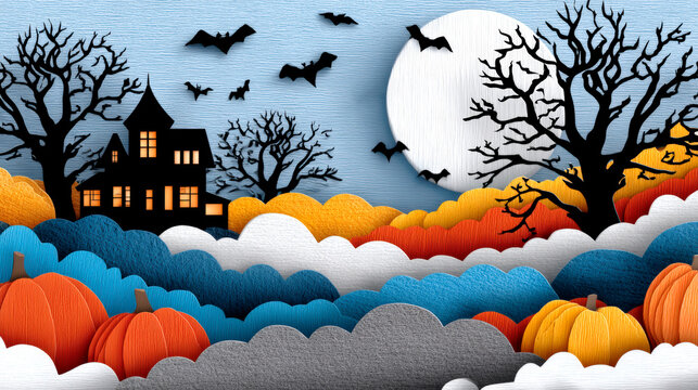 Halloween paper cut landscape with haunted house bats pumpkins and moon background