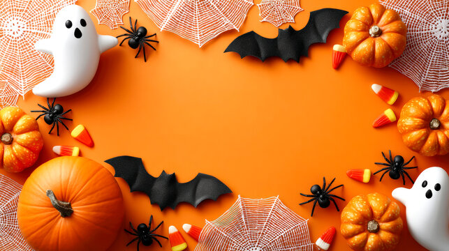 Halloween frame with ghosts pumpkins bats spiders candy webs and orange background