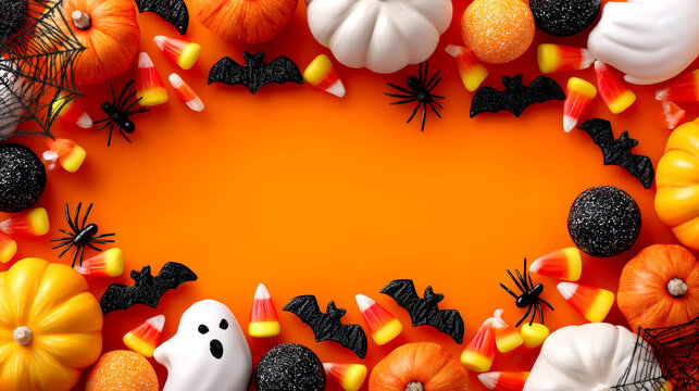 Halloween flat lay with pumpkins ghosts bats spiders candy and copy space