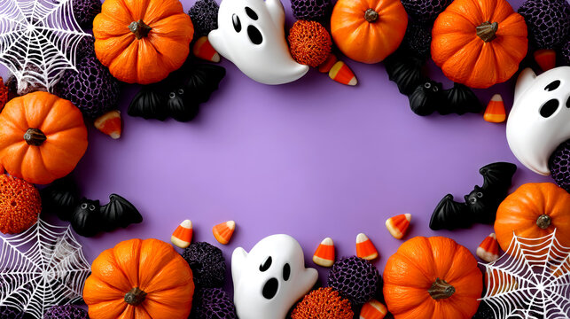Halloween frame with pumpkins ghosts bats candy spiderwebs and purple copy space