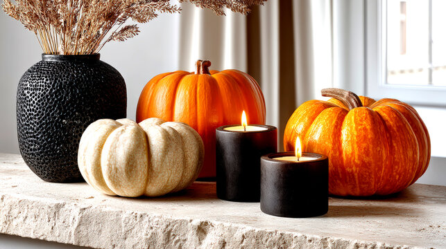 Elegant Halloween interior decor with pumpkins black candles vase and dried grasses