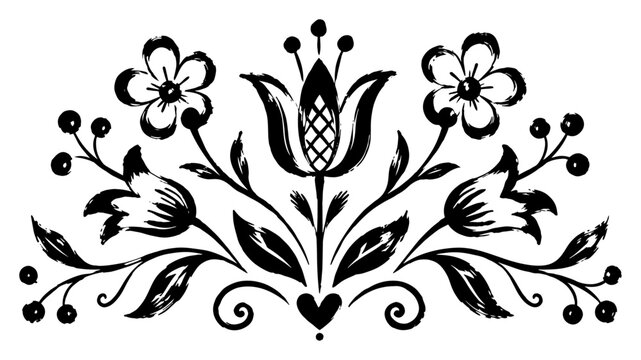 Folk floral ornament with symmetrical flowers and heart in black ink brush style