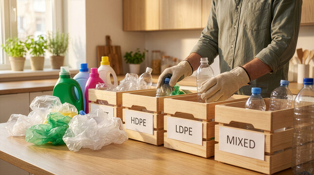 Unrecognizable hands sorting cleaned plastic containers into indoor bins in modern kitchen.