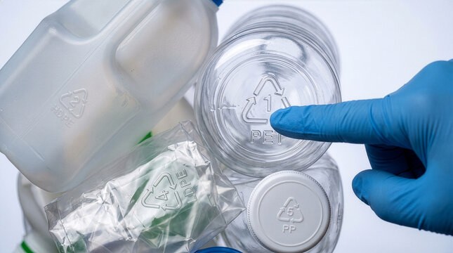 Macro view of various plastic items with clear recycling symbols and numbers for sorting.