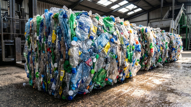 Close up of massive compressed bales of plastic bottles at industrial recycling facility.