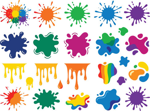 Vibrant paint splashes and dripping colorful liquid stains set.