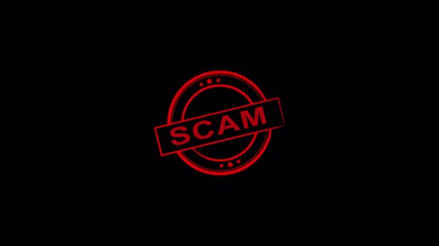 SCAM rubber stamp seal on transparent background,, warnings, and cautionary notices with alpha channel in 4k.Scam rubber stamp animation
