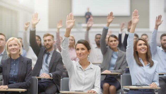Grupo de profesionales levantando la mano durante una conferencia o sesi&oacute;n de formaci&oacute;n en una sala moderna