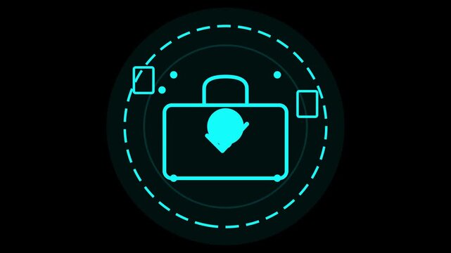 Futuristic neon cyan briefcase icon featuring a download arrow symbol enclosed in a circular digital frame on a black background