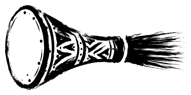 Traditional hand drum with ethnic patterns in expressive black ink brush style