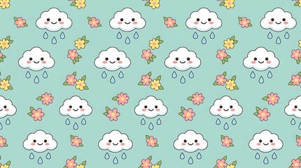 Seamless pattern featuring happy clouds and blooming flowers on green