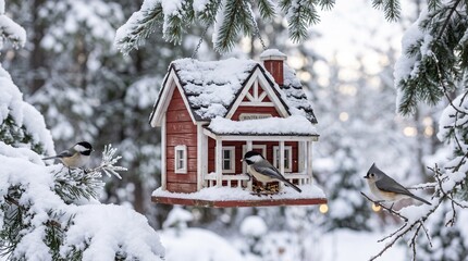 Naklejka premium Snowy Winter Cottage Bird Feeder with Chickadees