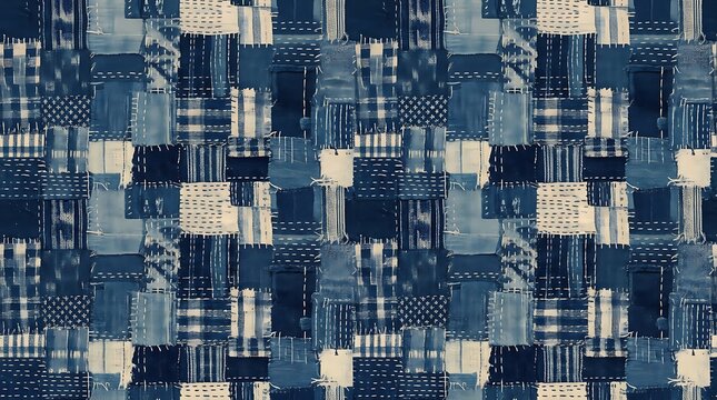 Seamless indigo boro patchwork pattern with sashiko stitching