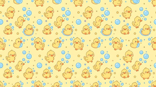 Cute rubber duck and soap bubble seamless pattern on yellow background