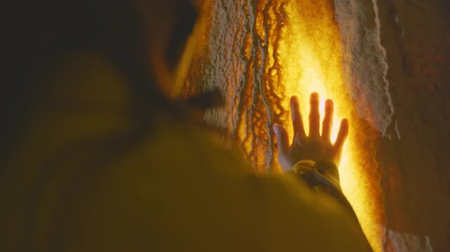 Woman Touching an Illuminated Limestone Cave Wall in Okinawa