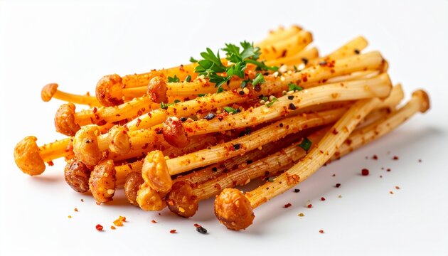 Crispy fried enoki mushroom snack with spicy seasoning on a white background and copy space, ultra realistic food styling
