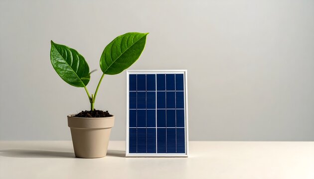 Planta verde en maceta junto a un peque&ntilde;o panel solar sobre fondo neutro como concepto de energ&iacute;a sostenible