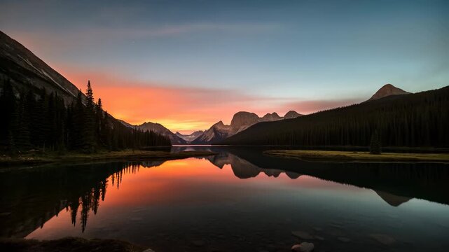 Panoramic dawn changing over silhouetted mountain valley with reflective lake, fading stars, warm horizon glow, soft cloud bands, and calm conifer ridges, with dawn, sunrise, mountain, valley detail