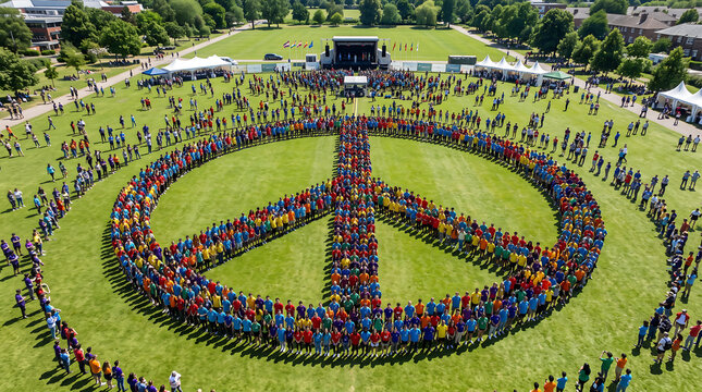 Aerial view of people in colorful clothing creating a human peace symbol for global harmony