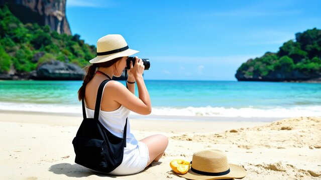 Island Paradise Photographer: A woman with a straw hat and backpack sits on a sandy beach, capturing the breathtaking view of a tropical island with her camera.