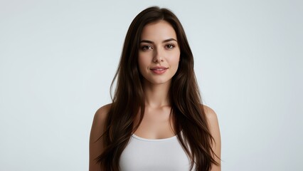 Fototapeta premium Portrait of a Young Woman: A beautiful young woman with long, dark hair and a serene expression looks directly at the camera, her subtle smile hinting at inner confidence and grace.