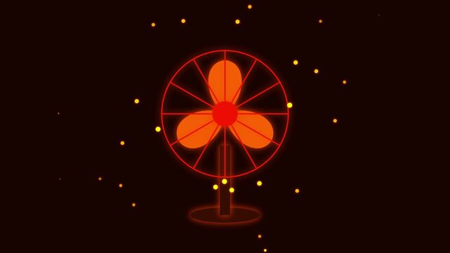 Neon Orange Table Fan Spinning with Glowing Particles on Dark Background for Summer Cooling Concept