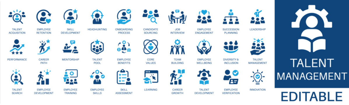 Talent management and talent acquisition solid icon set. Featuring leadership, team building, headhunting, performance, and mentorship. Editable vector glyphs for human resources and administration.