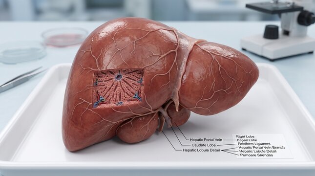 Anatomical Human Liver Model Showing Hepatic Lobules and Portal Vein on a Lab Tray in a Medical Research Facility