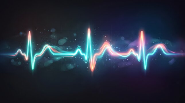 Glowing heartbeat line graph. Neon EKG pulse wave representing medical health monitoring.