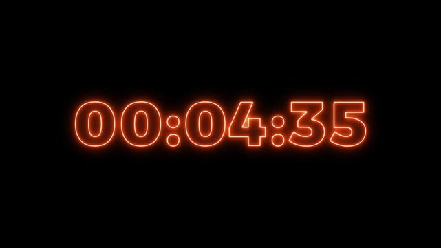 5 minute stopwatch , analog neon clock icon animation for five to zero second . 5 minute countdown timer, Dynamic 5 minute countdown timer with red neon.