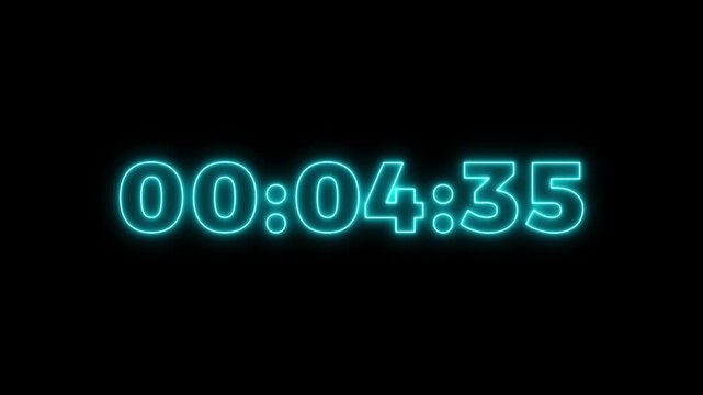 5 minute stopwatch , analog neon clock icon animation for five to zero second . 5 minute countdown timer, Dynamic 5 minute countdown timer with cyan neon.