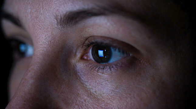 Close up female eye reflecting smartphone glowing screen addicted to doomscrolling negative news feed in dark room