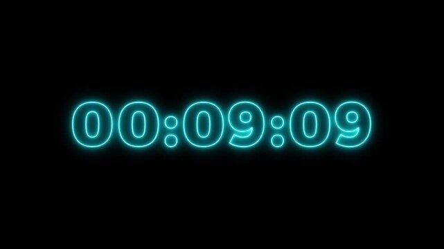 10 minute stopwatch , analog neon clock icon animation for ten to zero second . 10 minute countdown timer, Dynamic 10 minute countdown timer with cyan neon.
