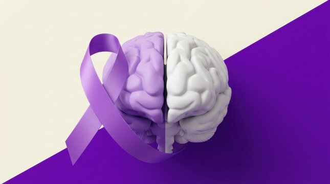 Human brain model with purple ribbon on cream and violet background for epilepsy awareness and health support.