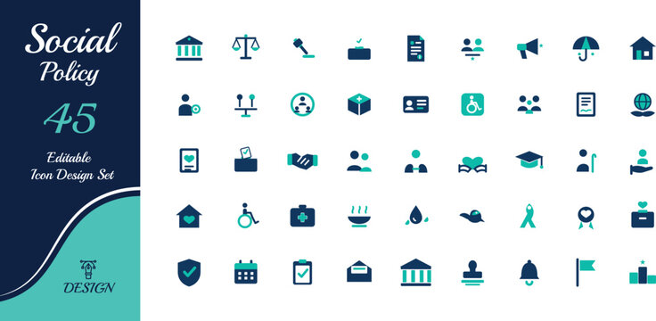 Set of 45 flat social policy icons for web and mobile design, featuring symbols of government, law, community, welfare, and public services in a teal and dark blue color scheme transparent background