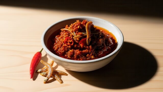 Spicy Sambal Ikan Bilis Paste in Bowl with Anchovies and Chili