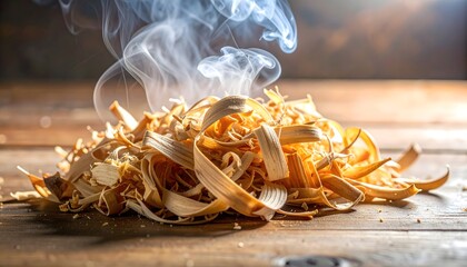 Virutas de madera rizadas con humo elevándose sobre una superficie de madera en ambiente cálido y rústico © EBG Stock Studio