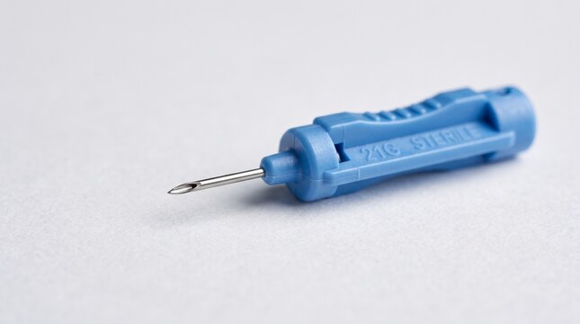 Macro Close-up of a 21G Sterile Medical Needle with Blue Hub on White Background