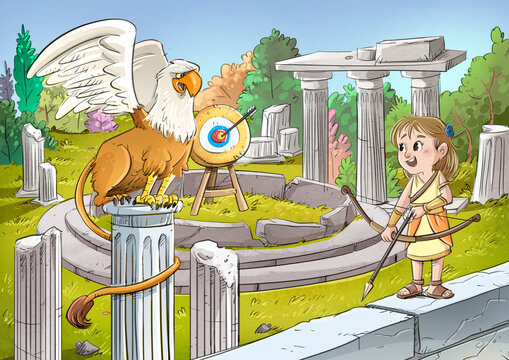 Scene of the goddess Artemis and the Griffin from Greek mythology, children's illustration