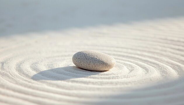 Single smooth round river stone balanced on raked white sand, serene zen garden concept for meditation, wellness, and harmony