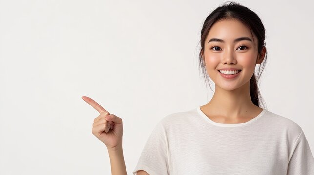 A young Asian woman in a white shirt points to the left with her index finger, smiling and looking at the camera against a plain white background.